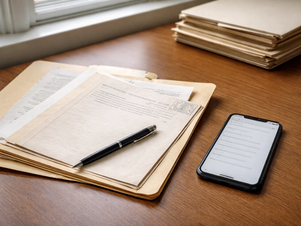 Documents, a smartphone search screen, and a pen on a desk—visual checklist for verifying public records.