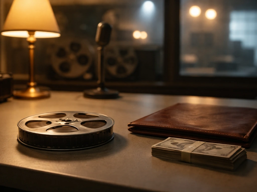 Vintage film set scene with film reel and cash-like props symbolizing acting income streams