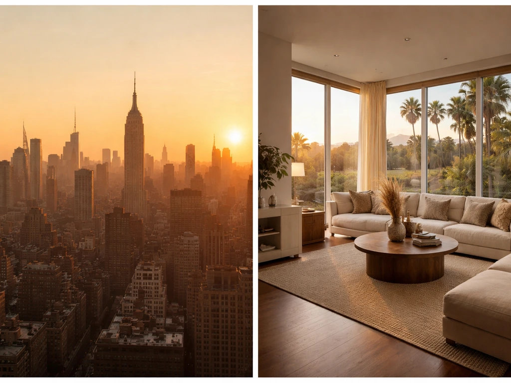 Minimal collage-style image with New York skyline and a Los Angeles luxury living interior, symbolizing real estate