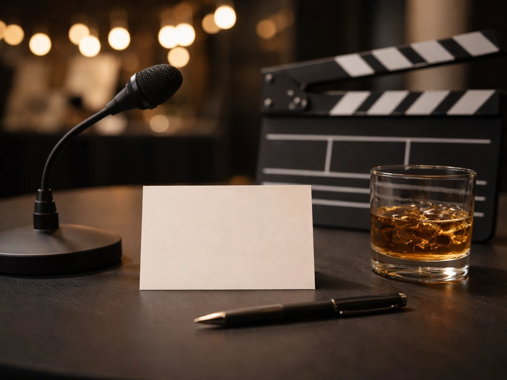 Tabletop scene with a closed clapperboard, microphone, and warm venue lights evoking business and film festivals.
