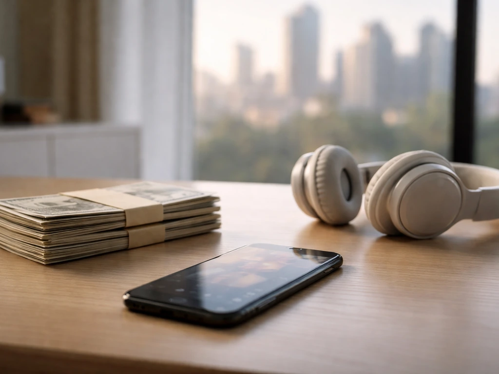 Minimal desk scene with scattered cash envelopes and a smartphone beside a music streaming interface blurred