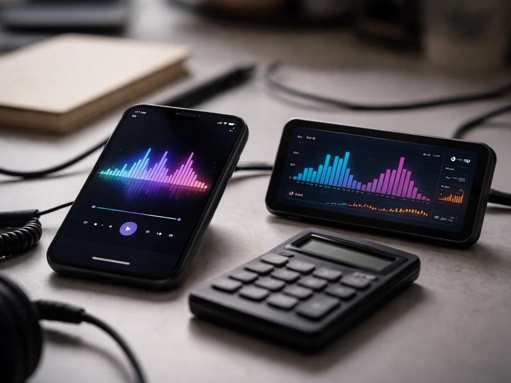 Close-up of a phone analytics screen and a calculator on a desk, suggesting streaming revenue math.