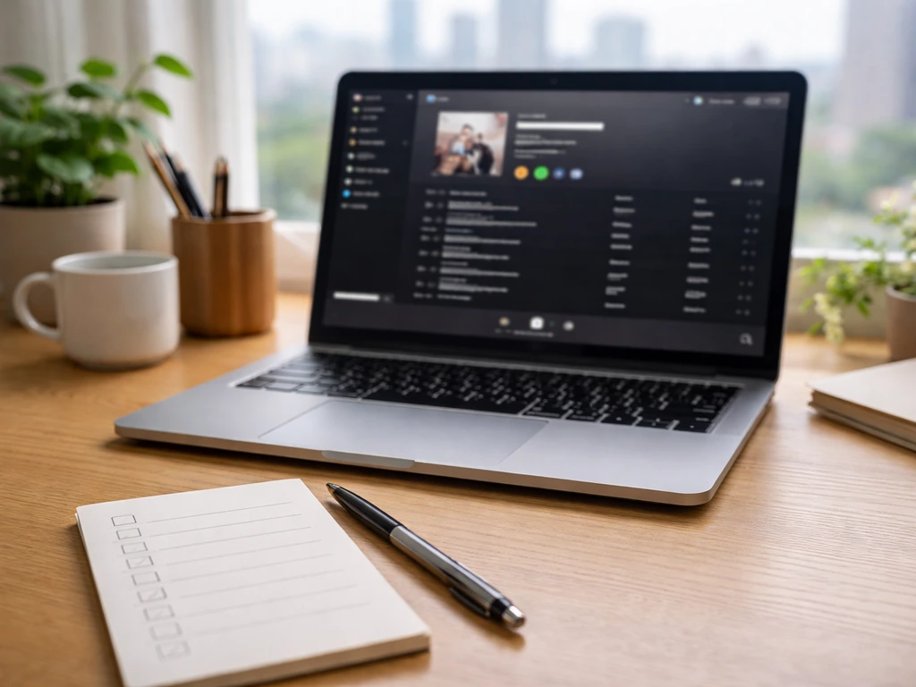 Minimal desk scene with open laptop showing Spotify-like music app and a notepad checklist for verifying estimates