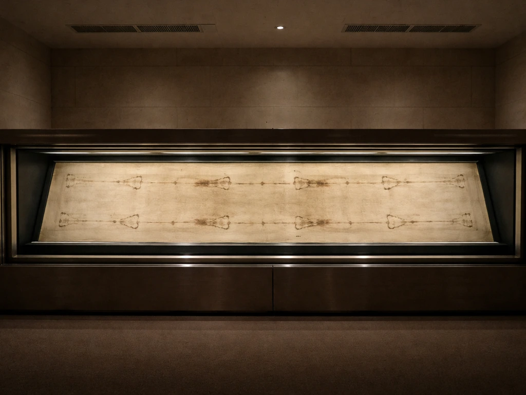 Glass-enclosed reliquary displaying the Shroud of Turin under controlled museum lighting