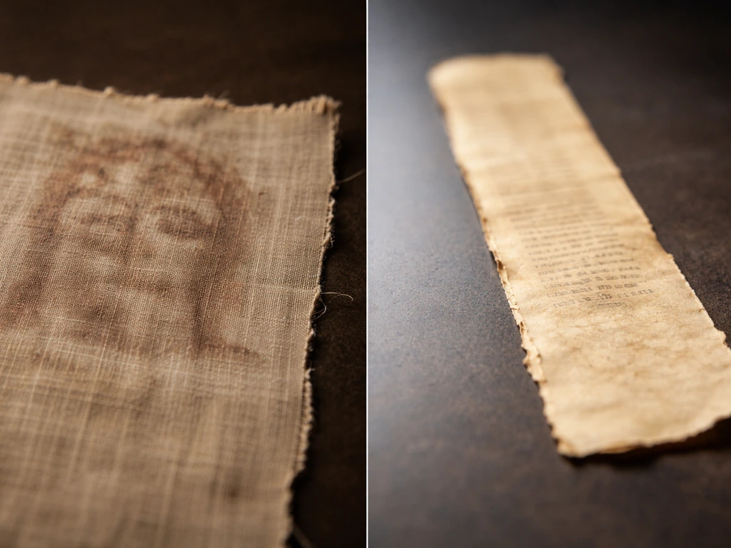 Close-up of weathered fabric beside a blurred parchment strip, symbolizing authenticity impacting valuation