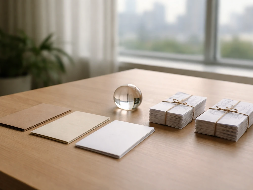 Minimal office desk with blank envelopes and tied receipts suggesting low-to-high valuation scenarios.