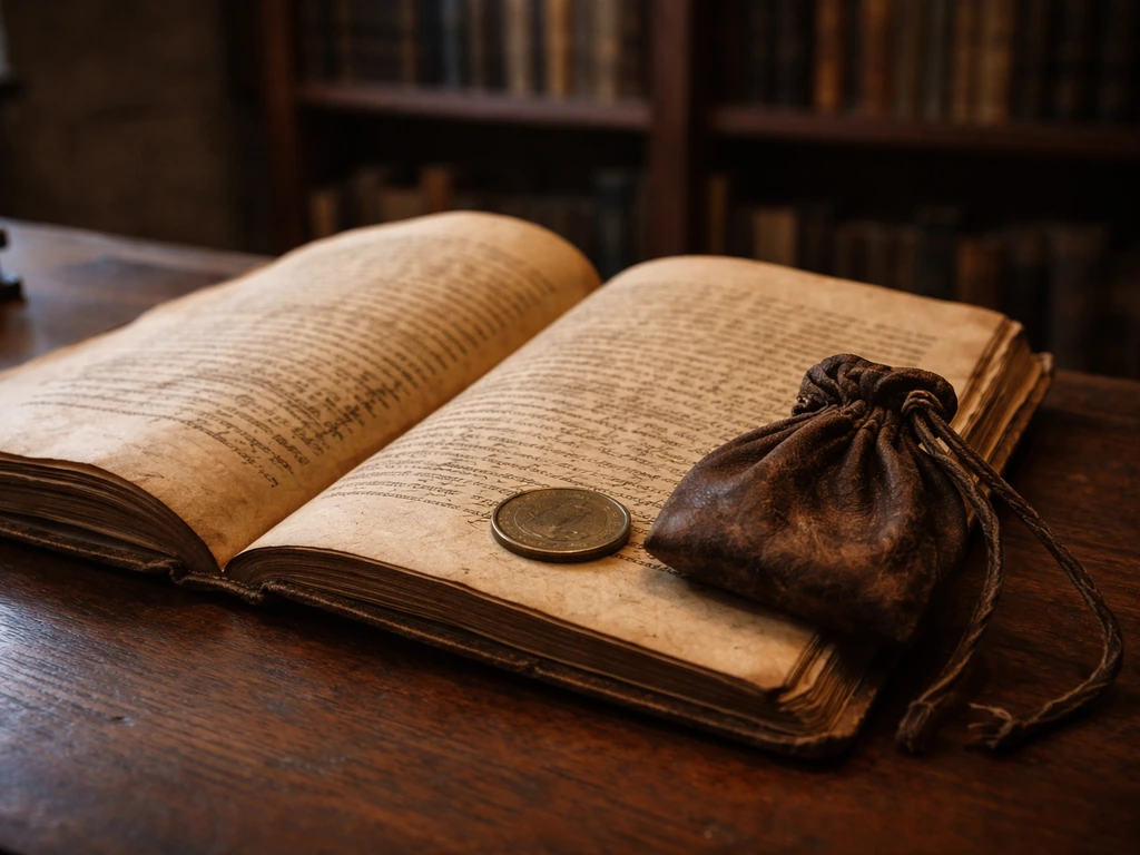 Antique manuscripts and a brass coin on a wooden desk in soft museum-like light, symbolizing da Vinci’s wealth at death