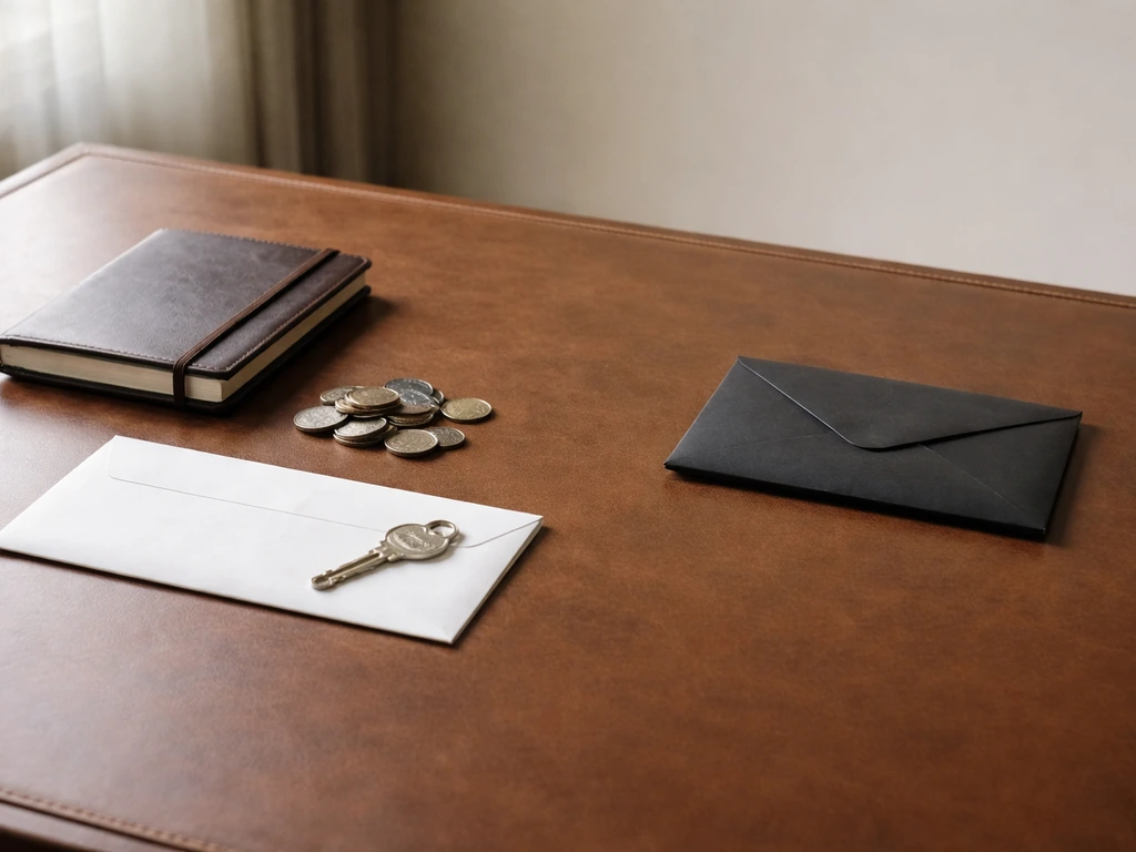 Minimal desk scene showing scattered coins and a closed ledger in soft natural light