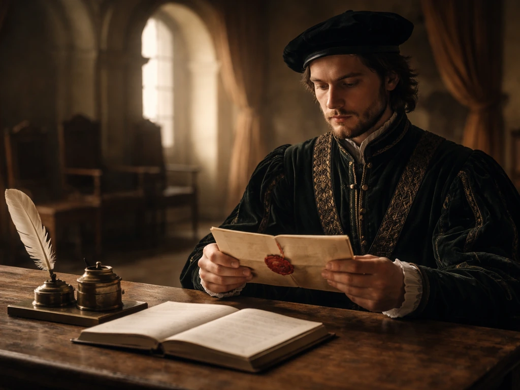 Renaissance court clerk at a desk with a sealed contract and blank ledger in warm window light.