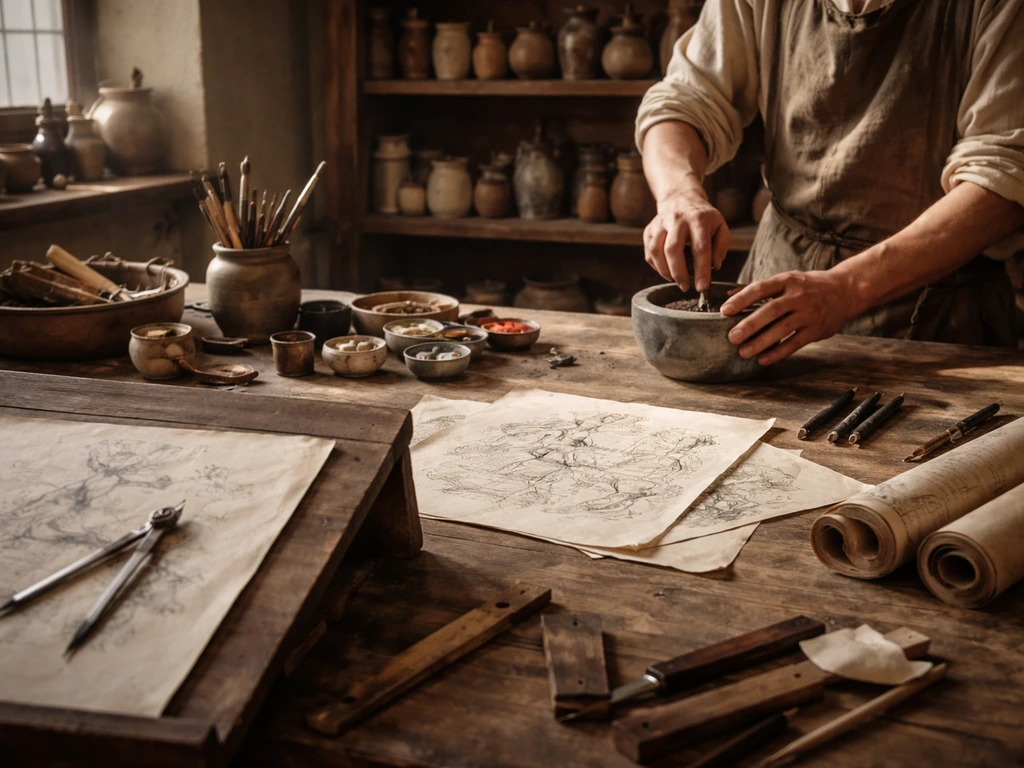 Anonymous apprentice working at a Renaissance workshop bench with sketches and materials jars in natural light.