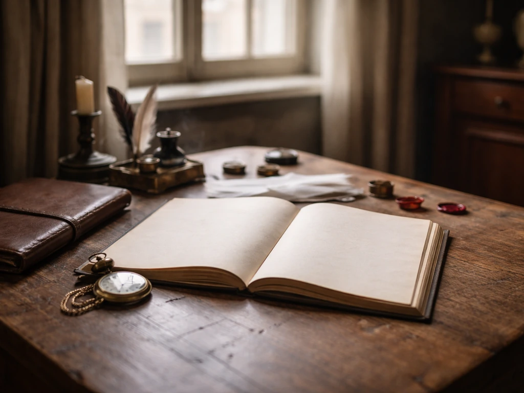 Old wooden desk with ledger, brass watch, quill pens and wax seals in soft natural light.