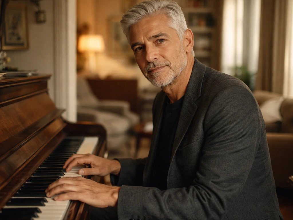 Warm portrait of an older Italian-style entertainer seated at a vintage piano, softly lit room background.