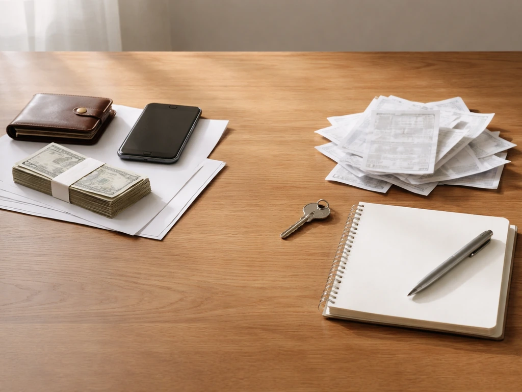 Minimal desk scene showing assets versus liabilities through money and bills arrangement.
