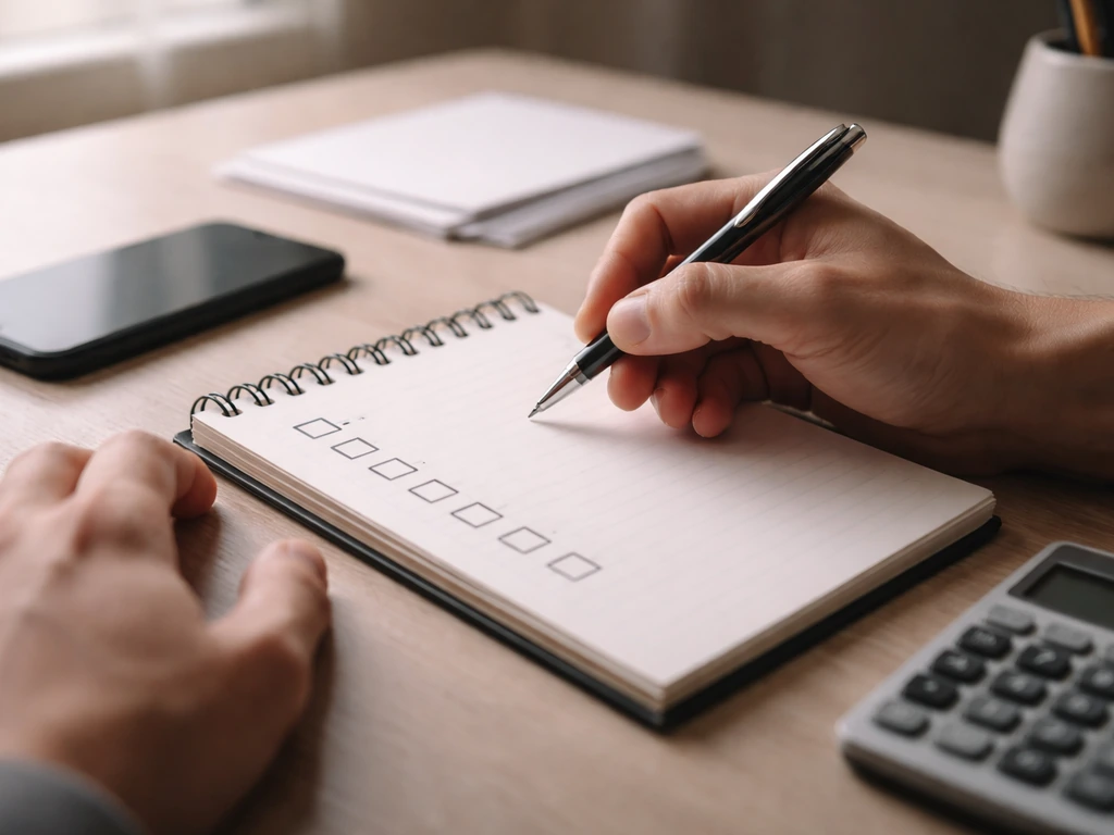 Close-up of a notebook checklist beside a smartphone and calculator, symbolizing careful source verification