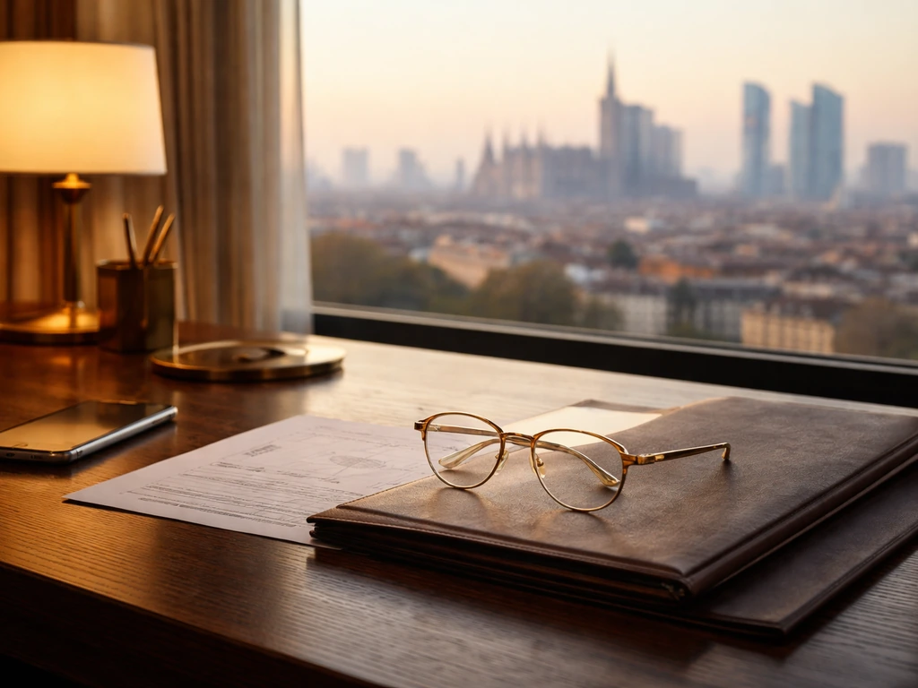 Luxury office desk with gold eyeglasses and business items, suggesting wealth and investment.
