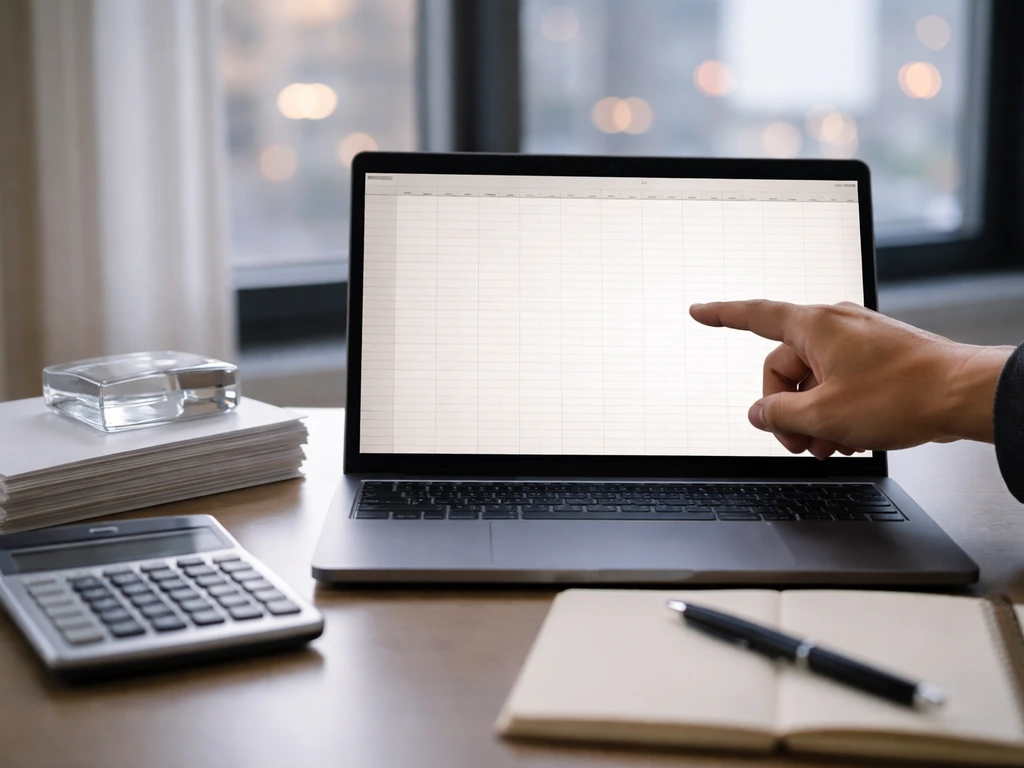 Anonymous hand reviews a blank spreadsheet on a laptop with a calculator on a minimal office desk.