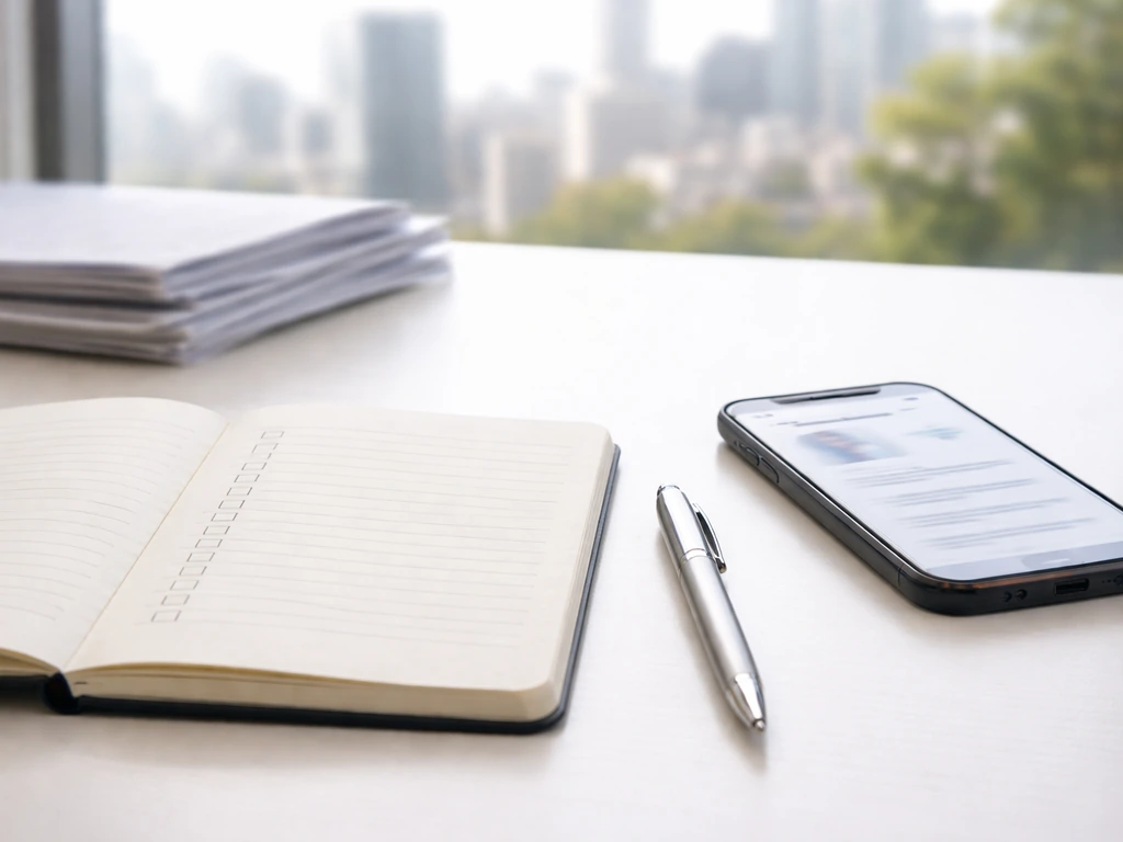 Minimal desk scene with an open notebook, pen, and smartphone showing a generic profile page for cross-checking estimate