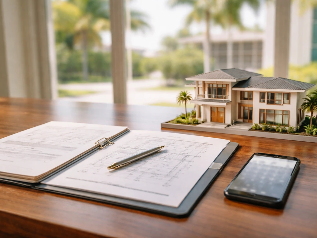 Minimal photo of a South Florida real estate development setting with paperwork and a phone, symbolizing a net worth ana