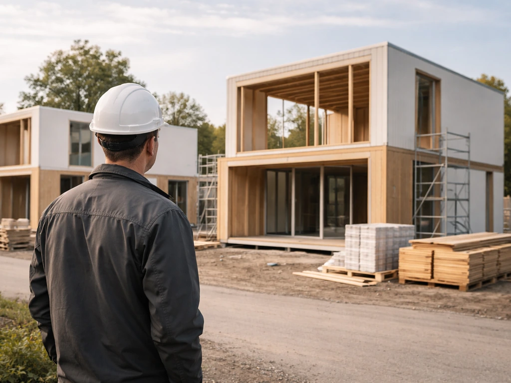 Anonymous construction worker at a modular housing site with clean building units in the background.