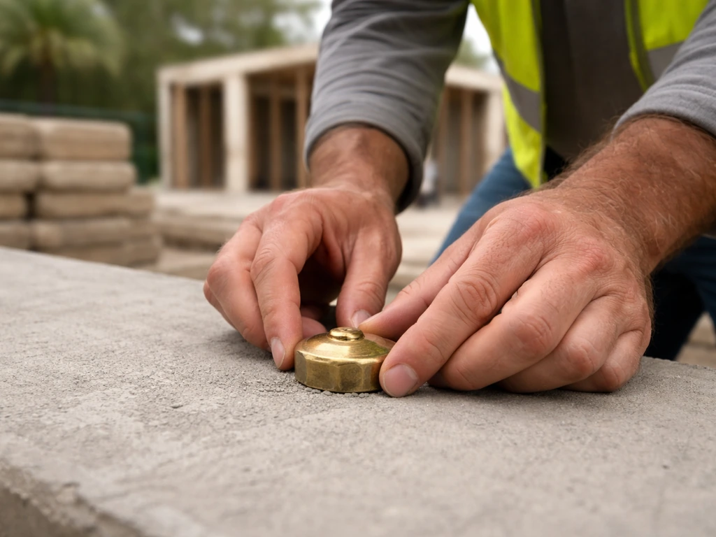 Close-up of anonymous hands setting a small milestone marker at a construction site under natural light.