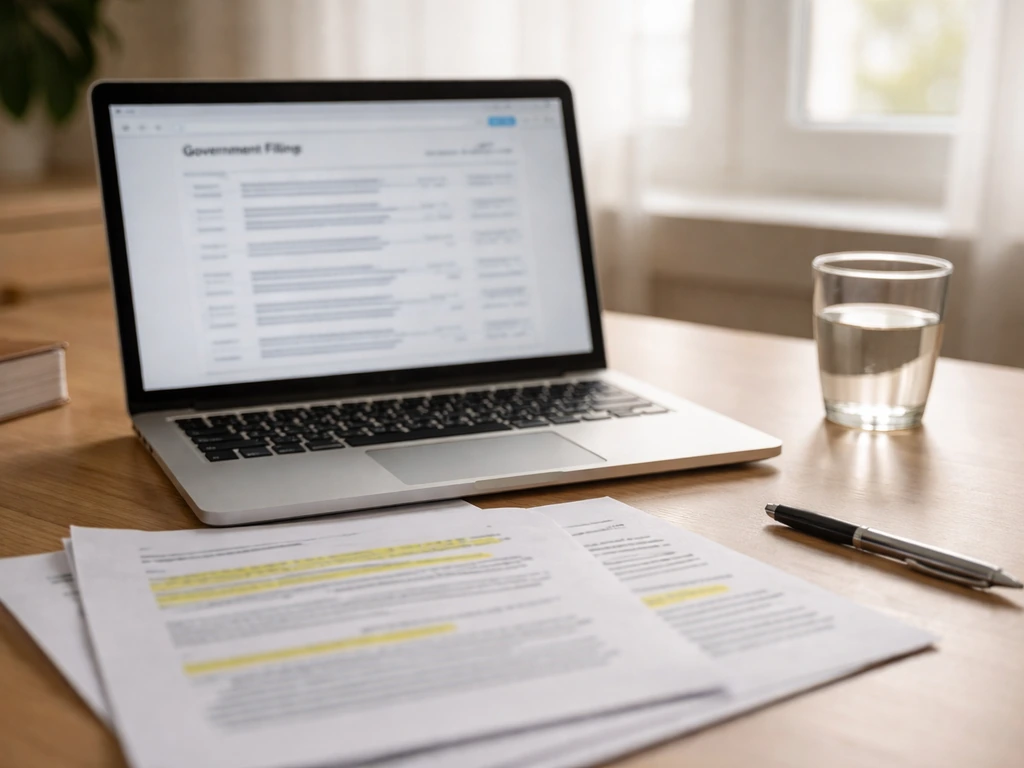 An office desk with a laptop showing a generic SEC-style filings search screen, papers beside it.