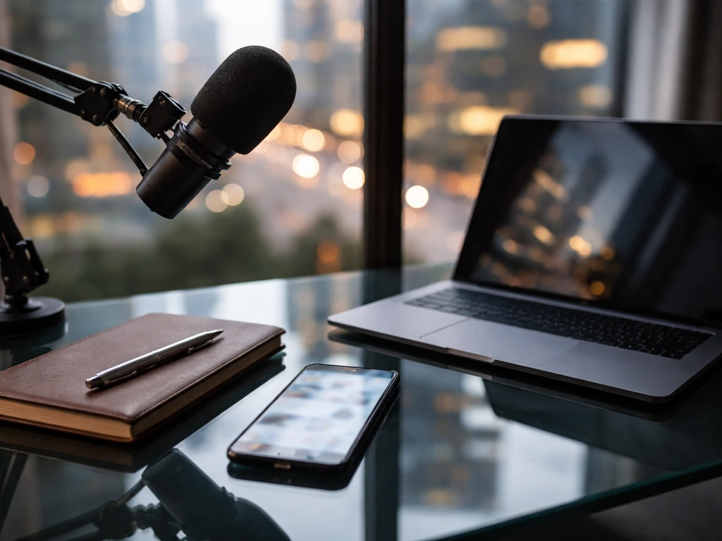 Minimal media workspace with smartphone and microphone, symbolizing checking net worth estimates.