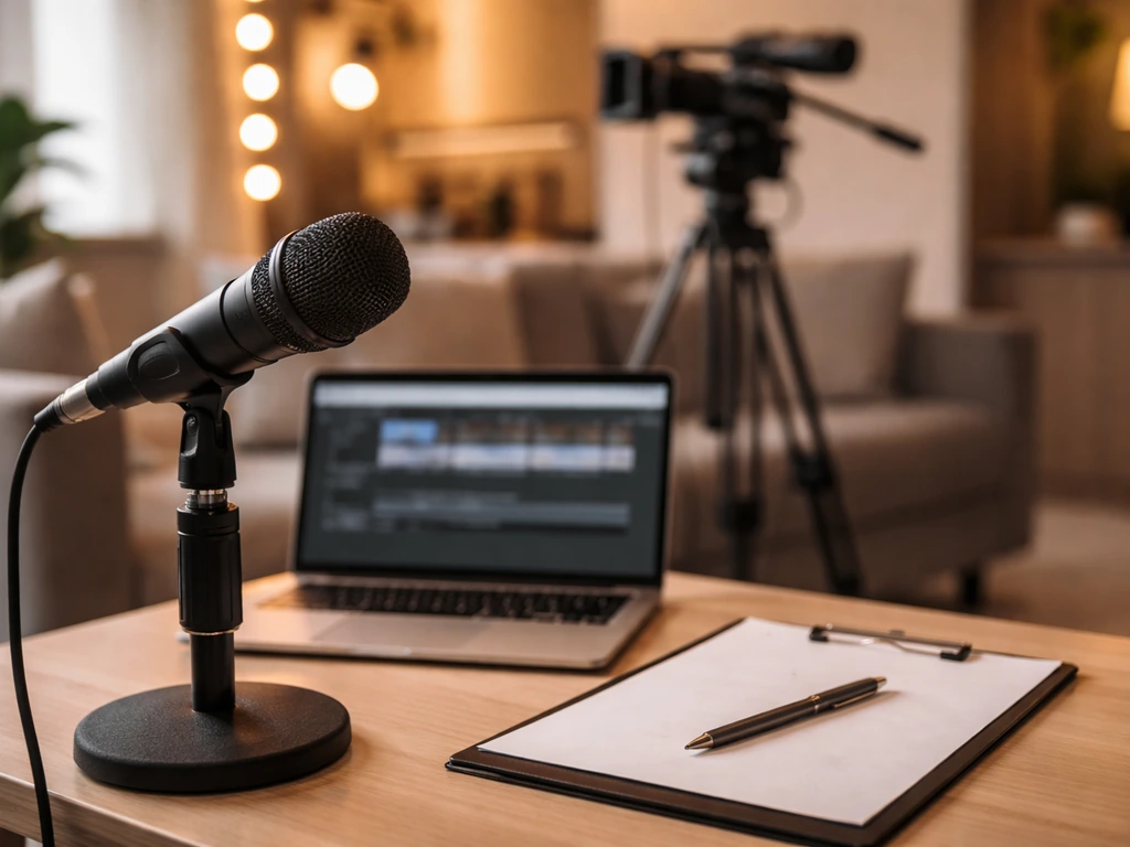 Media studio setup with a microphone and camera gear, symbolizing a TV reality personality and influencer role.