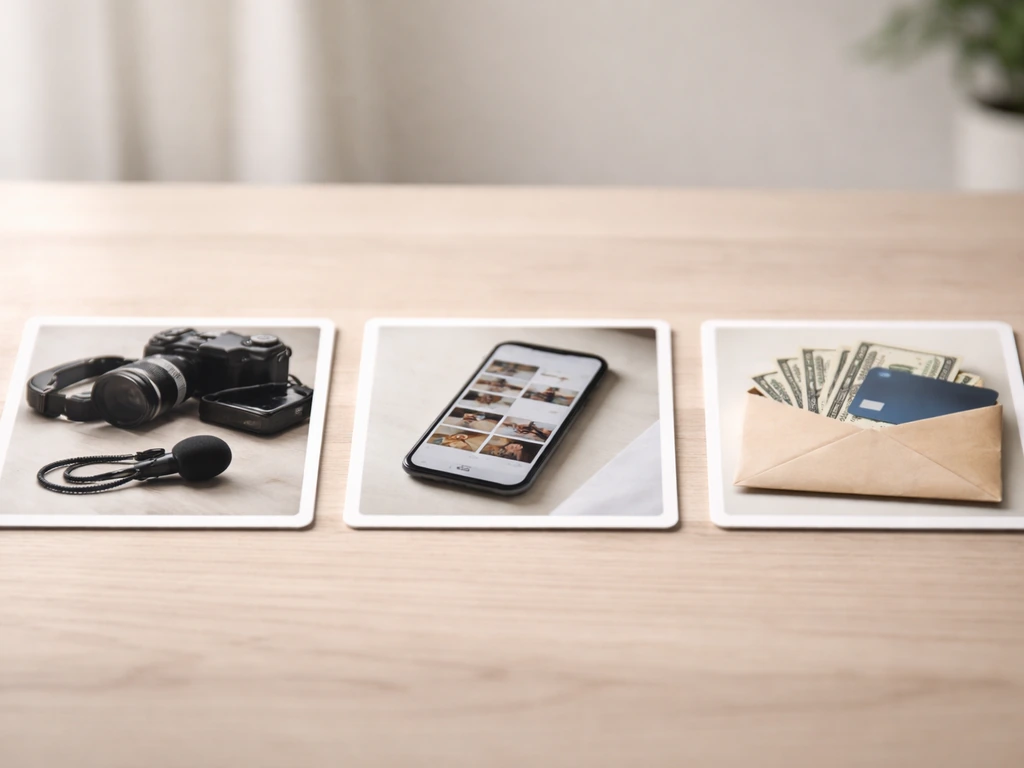 Minimal photo of a studio desk with microphone, smartphone, and cash—symbolizing media and income sources.