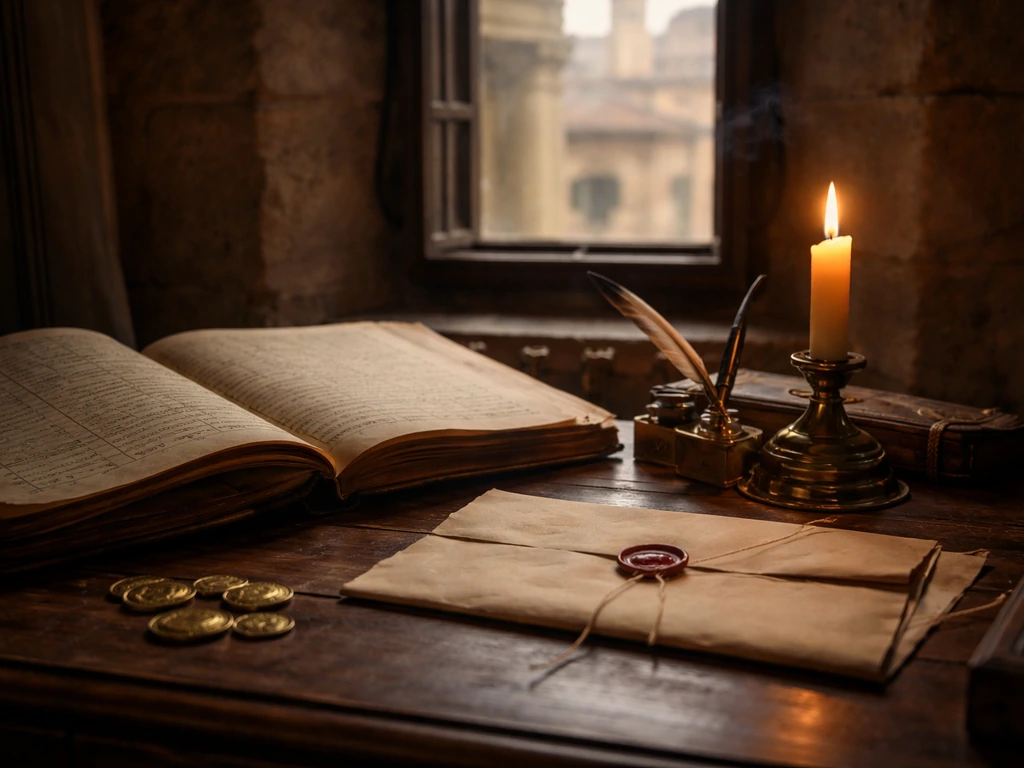 Quiet Renaissance-era study scene with an ornate ledger, candlelight, and a sealed wax document near a window.