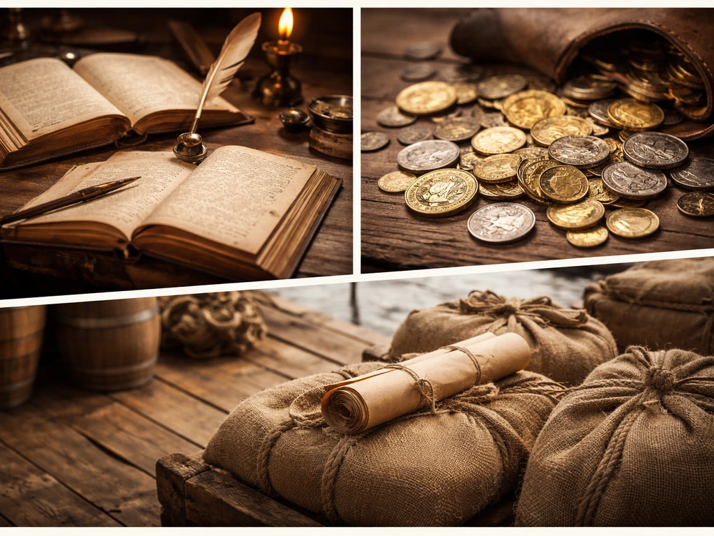Warm collage of banking ledgers, scattered coins, and trade goods on a desk and dock, symbolizing multiple wealth source