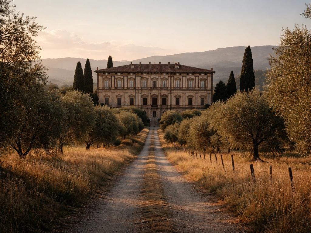 Renaissance palazzo facing Tuscan countryside lane with olive trees and golden late-afternoon light.