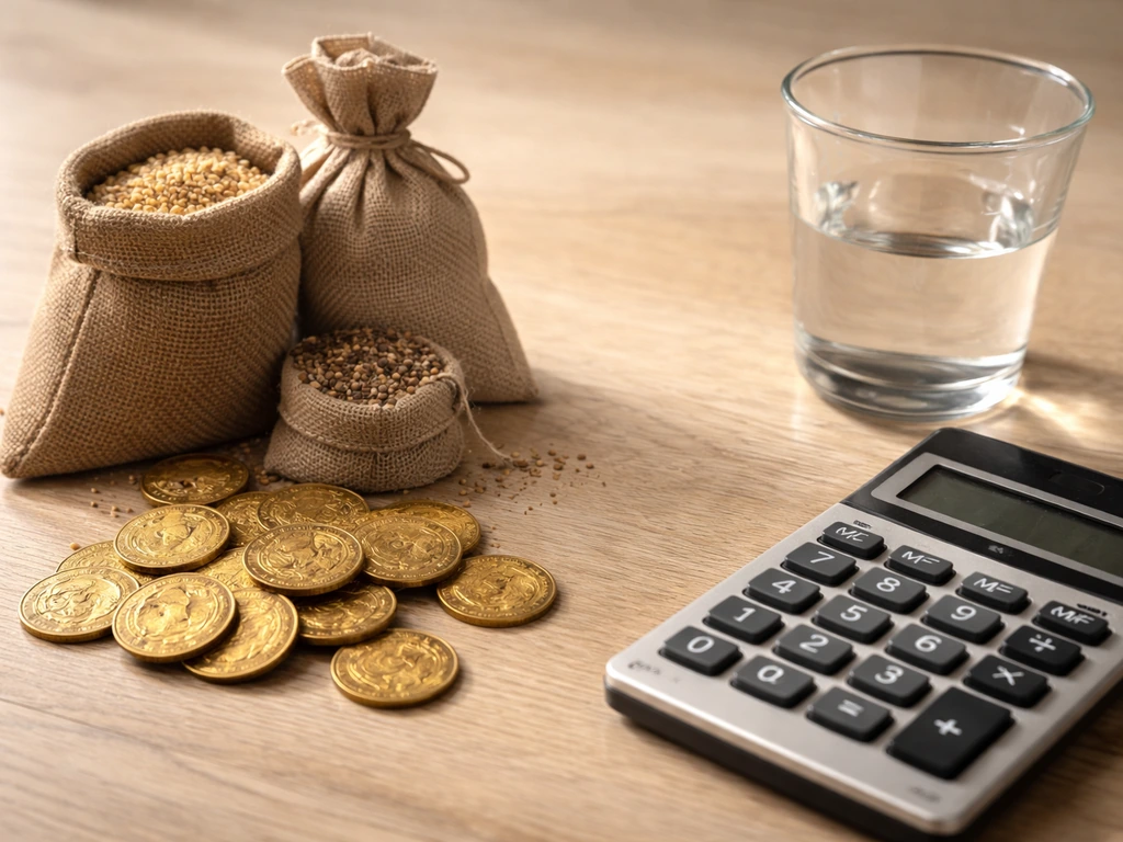 Close-up of old florin-style coins next to modern calculator and neatly arranged commodity measures