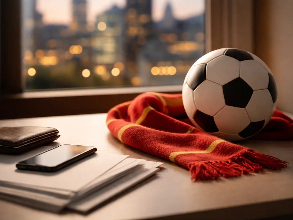Manchester United-themed scarf and football near a financial-themed desk, suggesting online net worth searches