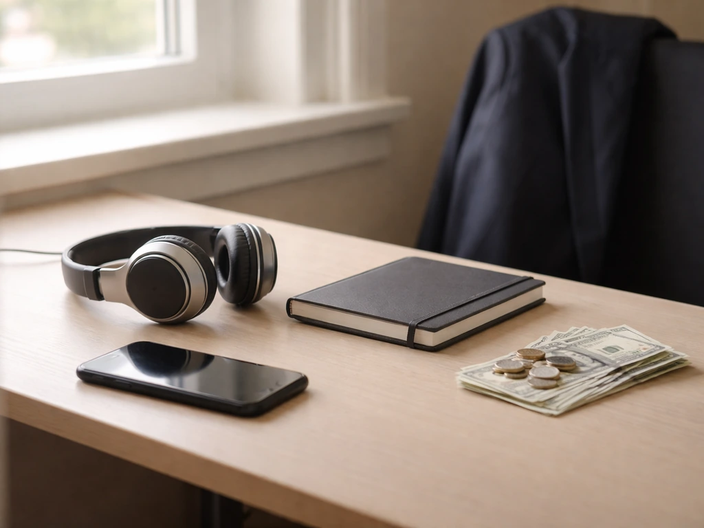 Minimal photo of a tidy desk with smartphone, headset, and scattered cash near a window, symbolizing net worth estimatio