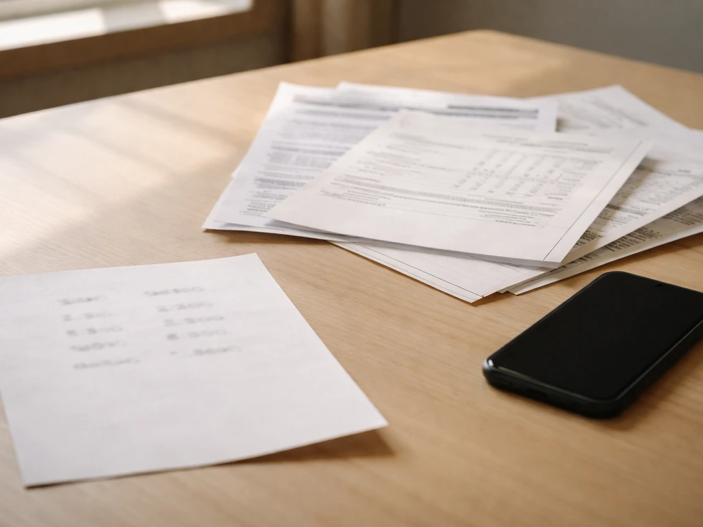 Minimal office desk scene with scattered documents and a smartphone showing mixed financial notes