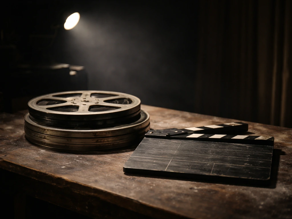 Minimal cinematic scene with film reels and a vintage clapperboard beside a dim spotlight, symbolizing budgets and box o