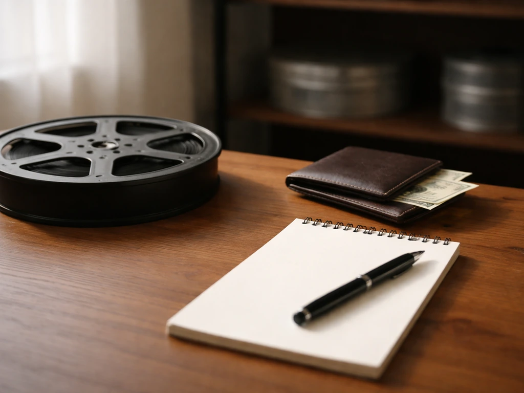 Minimal photo of an anonymous desk scene with a film reel, wallet, and scattered bills suggesting net-worth estimates.