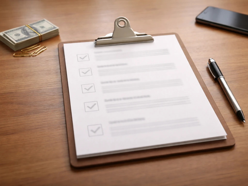 Close-up of clipboard and blank paperwork with pen, cash paperclips, and subtle checklist highlights for verification