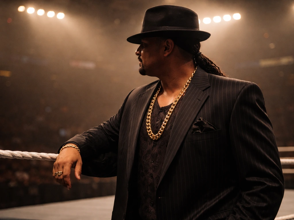 WWE Godfather-era wrestler look in a simple ringside scene, confirming identity without showing any real person’s face