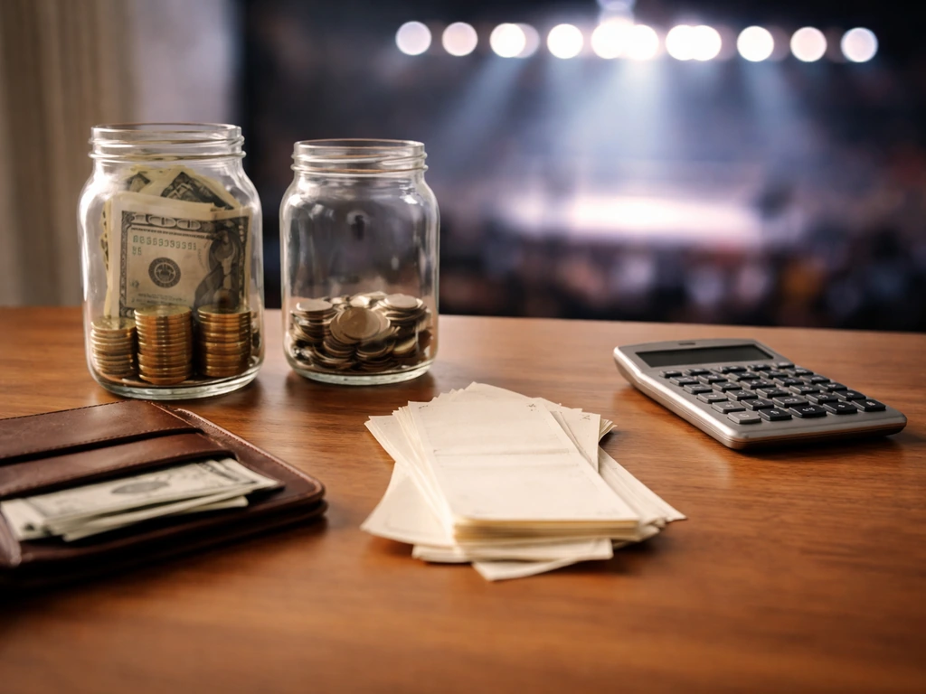 Minimal desk scene with glass jars of assets vs liabilities and blank papers suggesting net worth accounting.