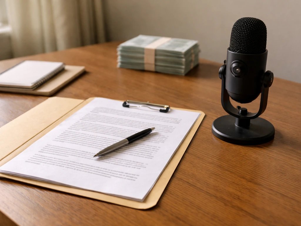 Open contract folder and a microphone on a desk, symbolizing WWE base guarantees and event pay structure