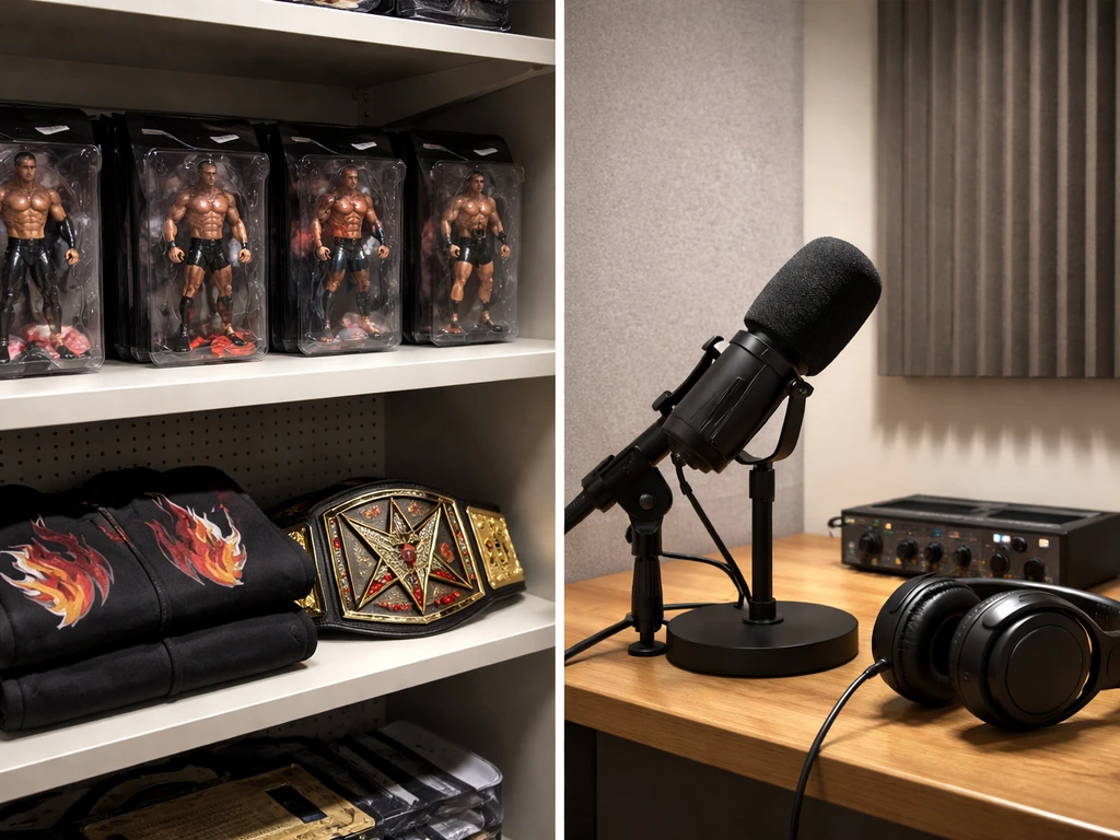 Split scene: generic merchandise on the left and a podcast microphone setup on the right, no text.
