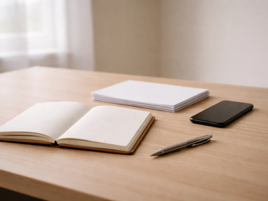 Minimal desk scene with a notebook, blank papers, phone, and pen for reviewing an estimate over time.