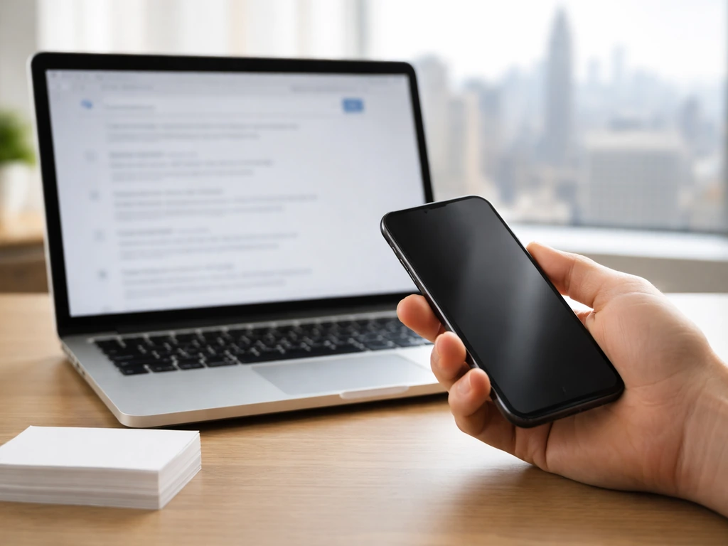 Minimal photo of a desk with a laptop and a smartphone showing blurred search results for identity checking.
