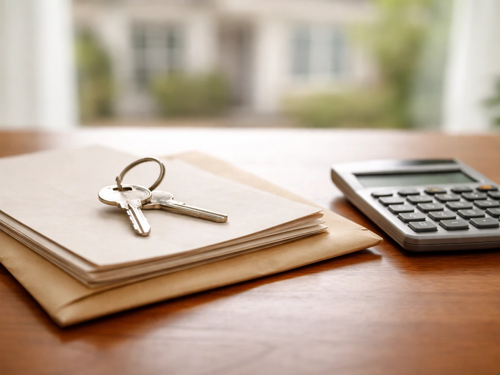 Close-up of a house key and mortgage-style envelope beside a calculator on a wooden desk
