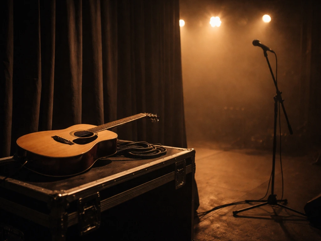 Backstage concert scene with a glowing stage light and an acoustic guitar, symbolizing touring income