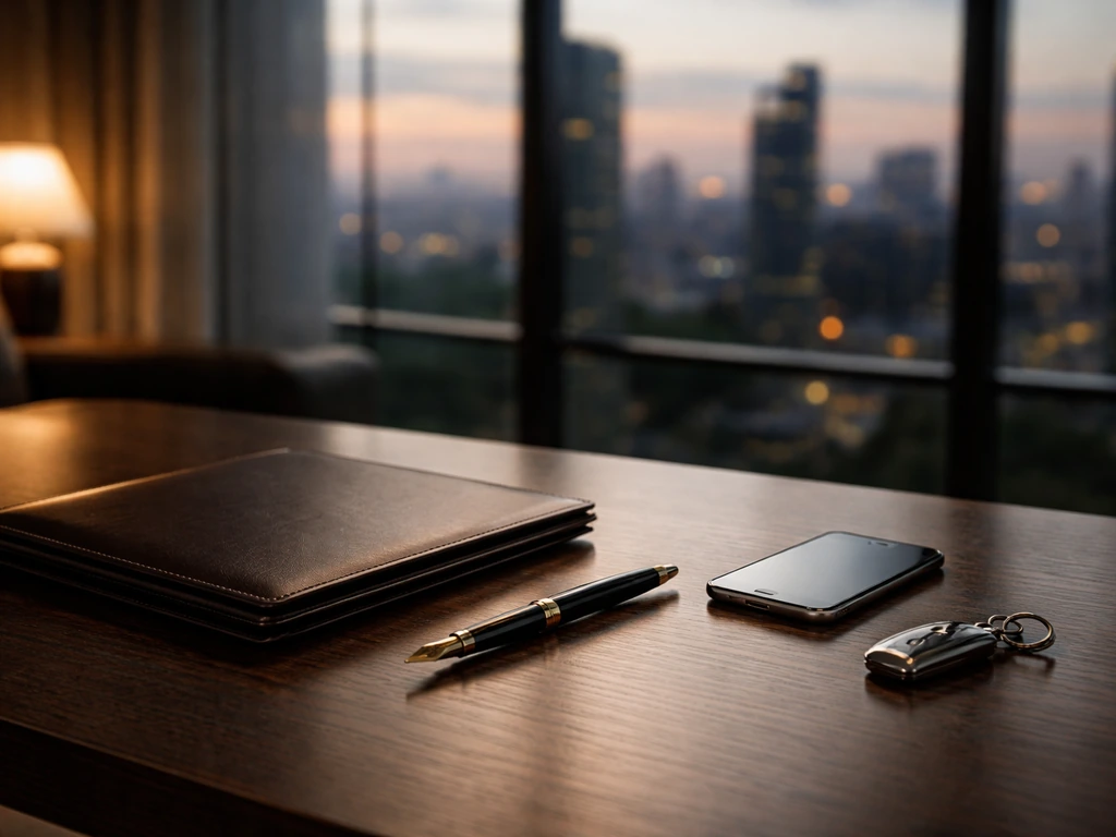 Minimal luxury desk scene with pen and portfolio symbolizing a net worth estimate analysis