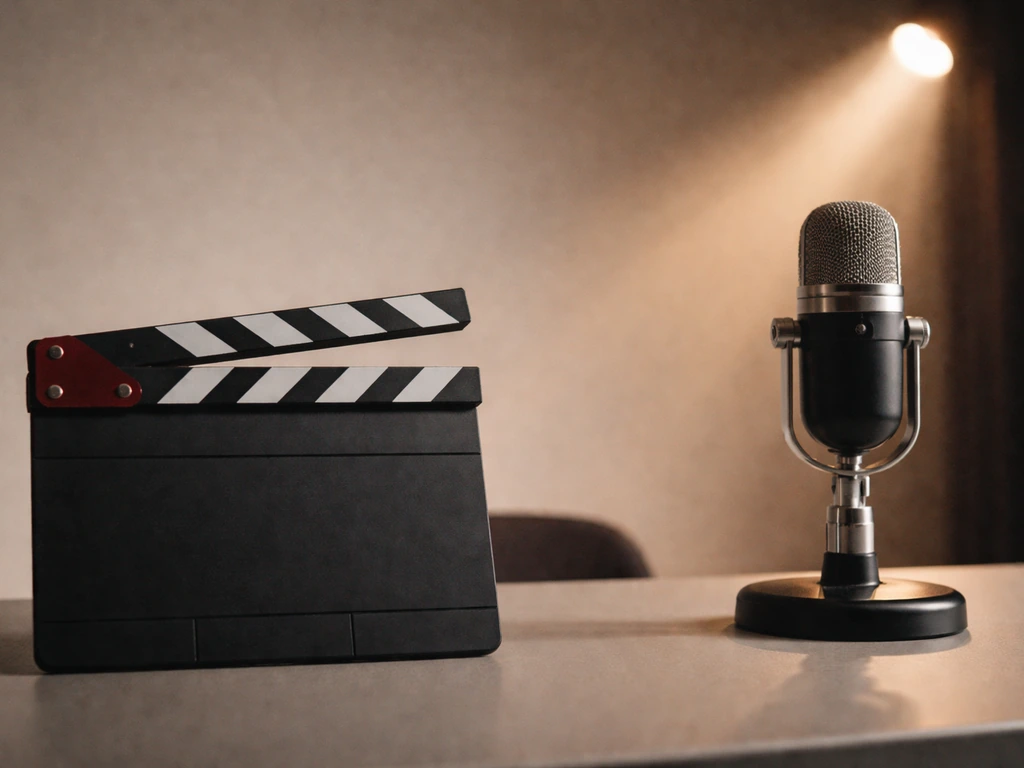 Minimal shot of a movie-franchise clapperboard and a studio microphone in warm light.
