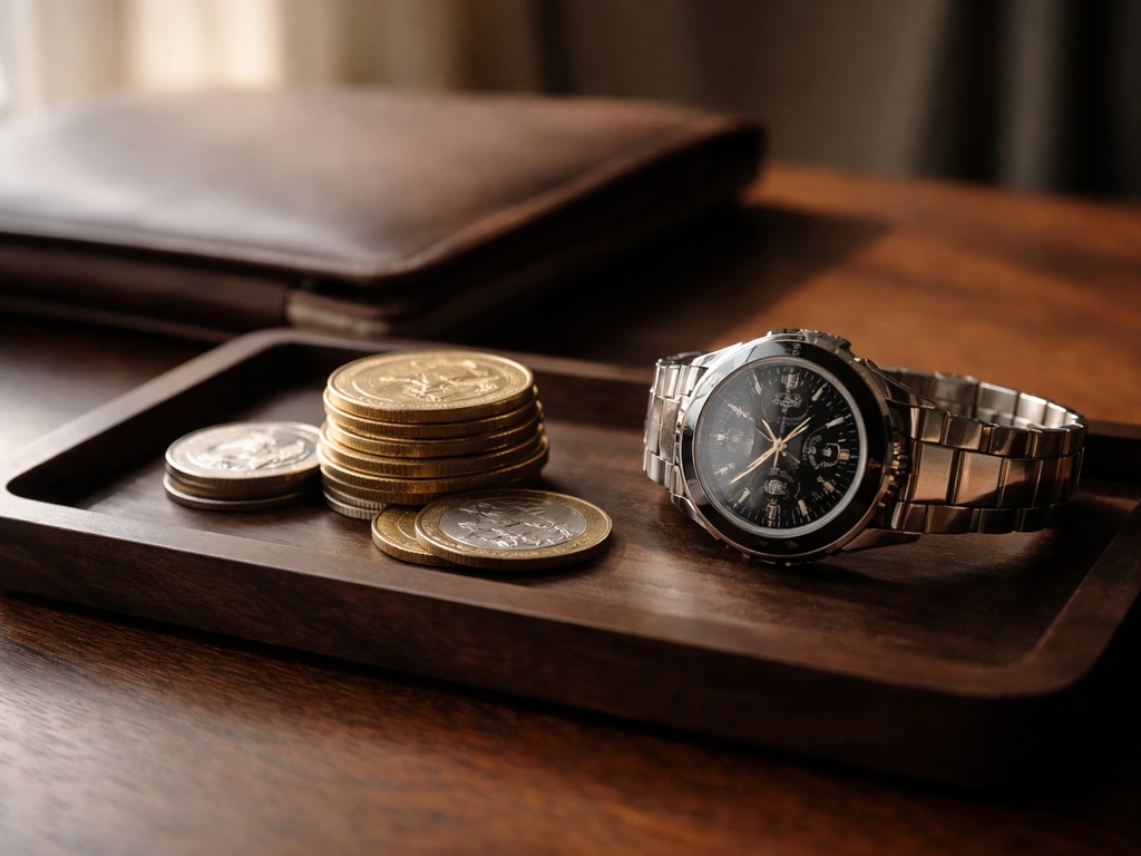 Luxury watch and collector coins on a wooden tray with a leather portfolio, soft natural light.