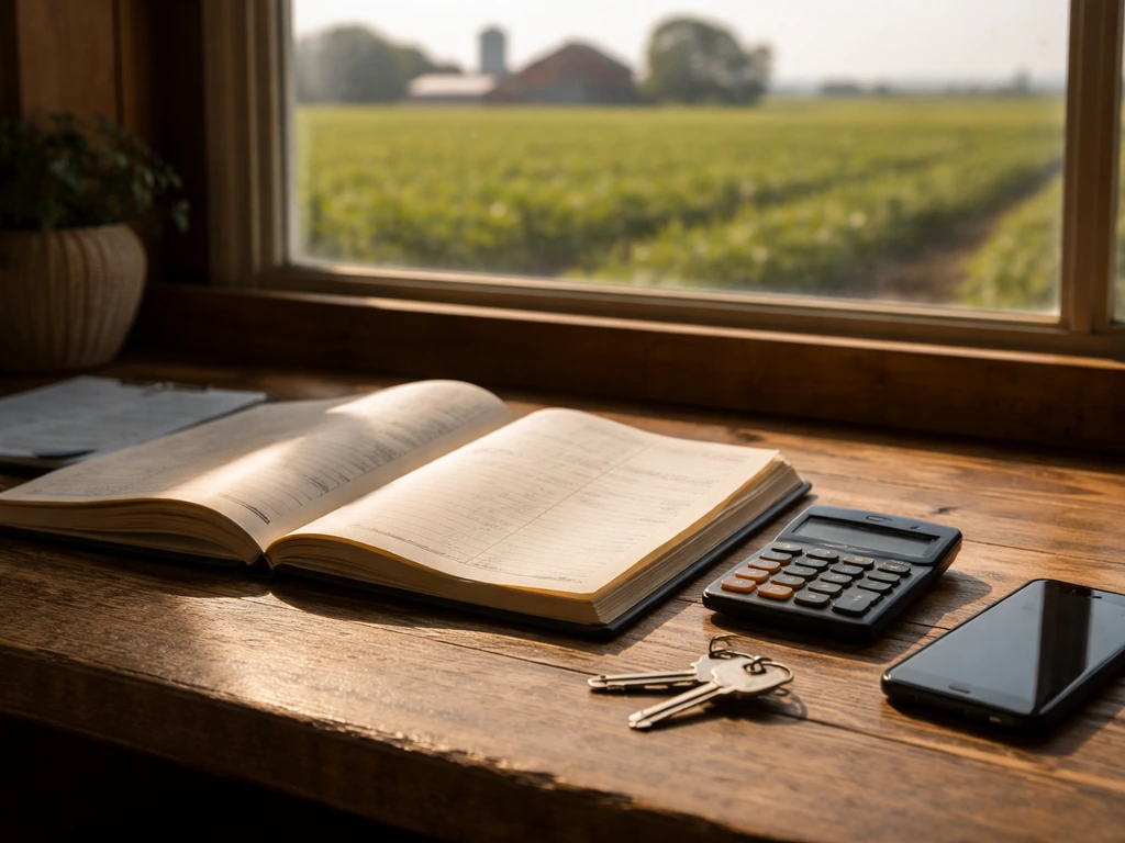 Sunlit rural office desk with a farming ledger, calculator, and keys beside a window view of fields.